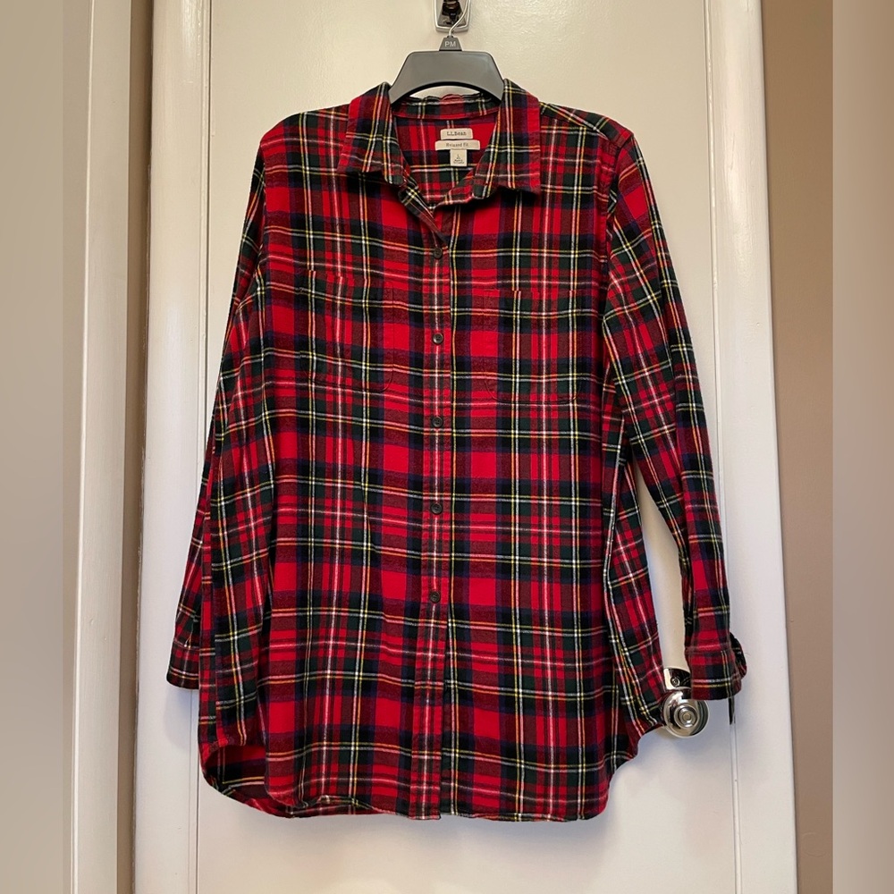 LL Bean Women’s Scotch Plaid Flannel Tunic, Relaxed, size Large